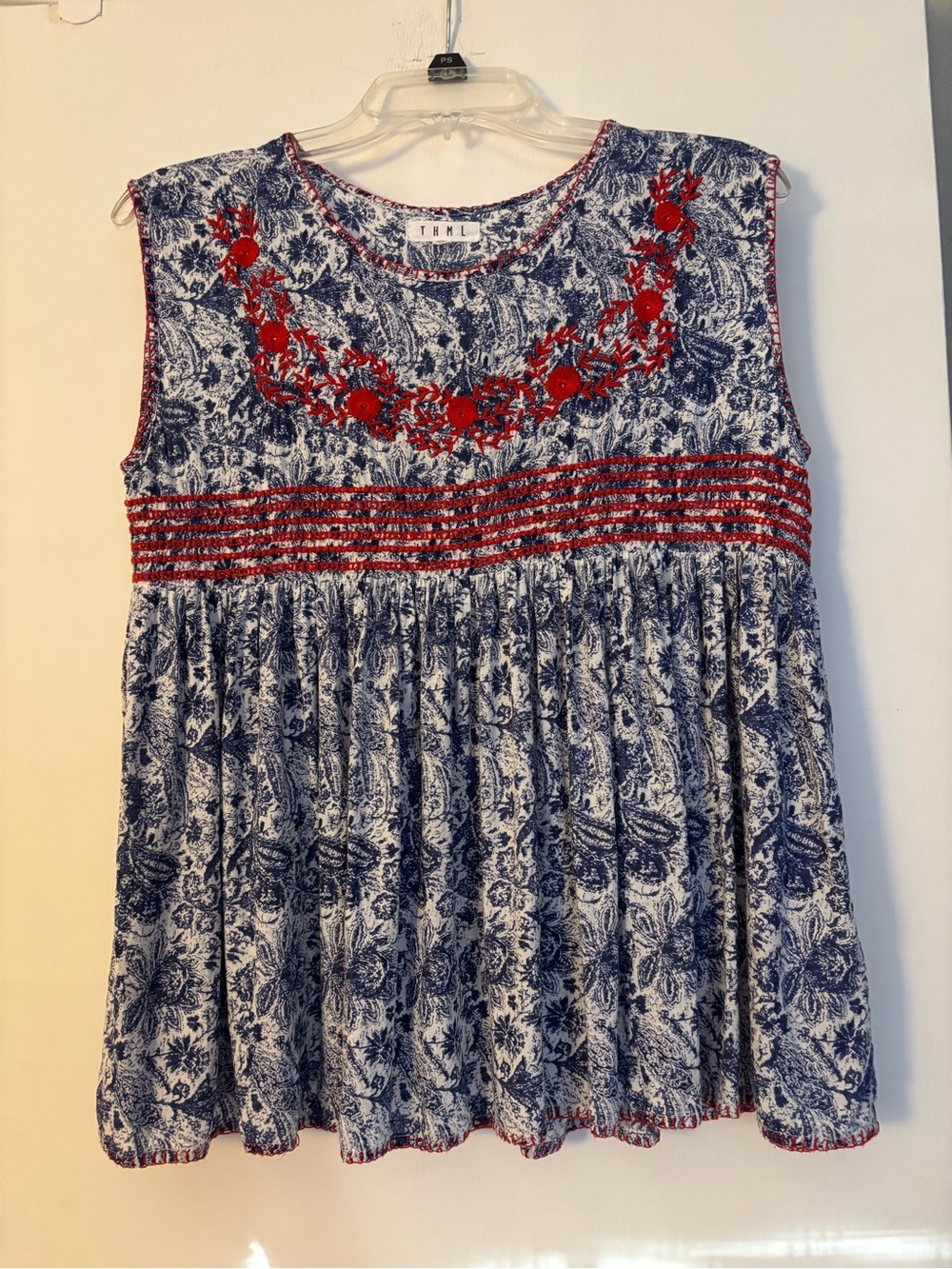 THML Blue Paisley Tank Top with Red Embroidered Yoke